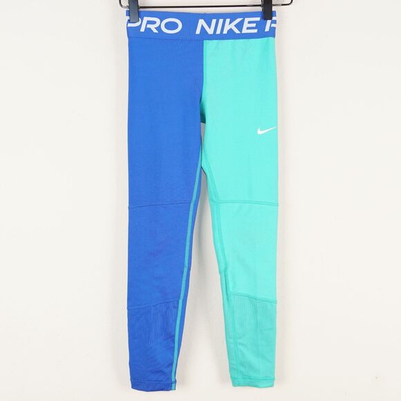 Nike Pro Dri Fit Teal Blue Green Contrast Older Kids Girls Leggings Sz S - Picture 1 of 9